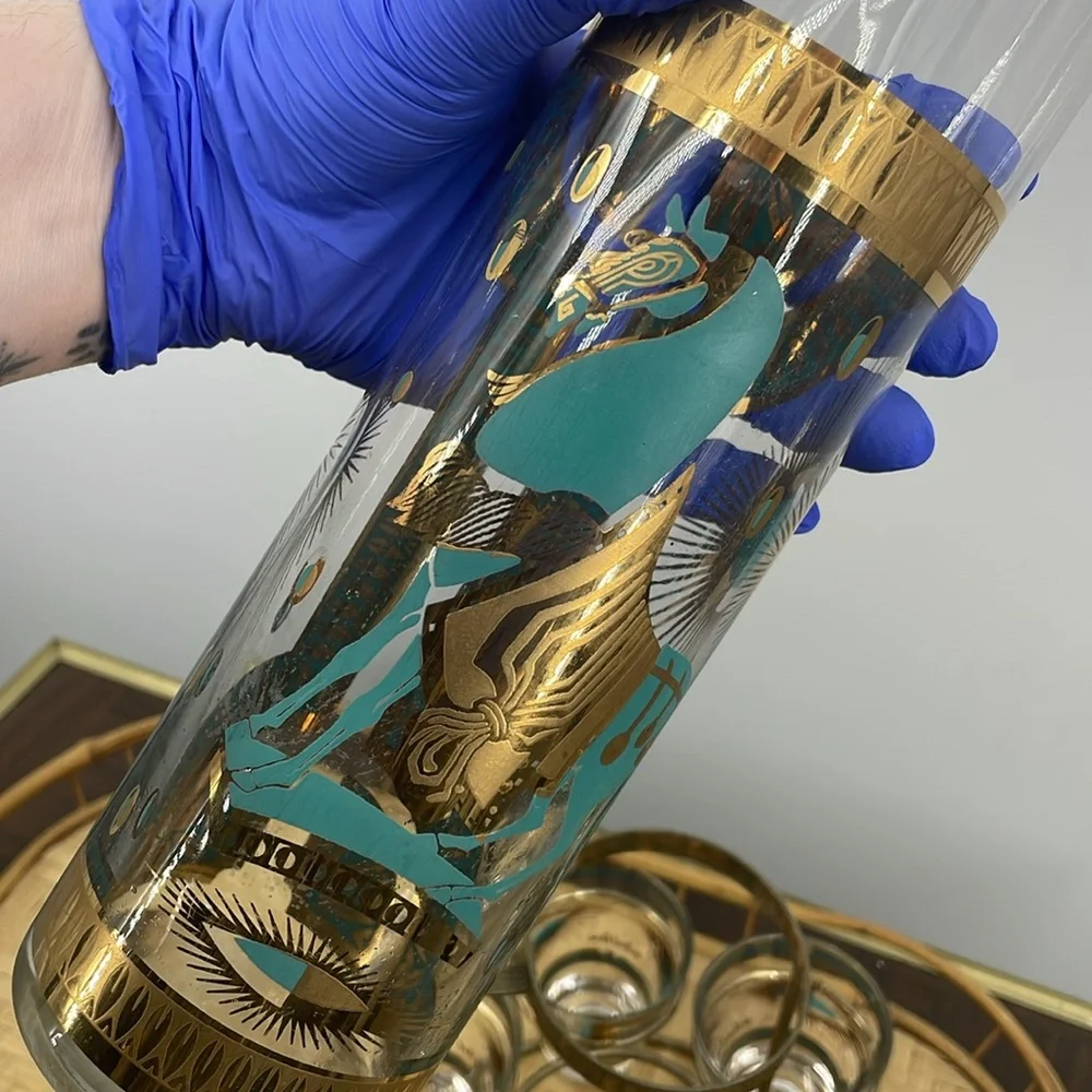 Vintage 60’s Fred Press Trojan Horse 22k Gold Turquoise 8 Pc MCM Barware Set